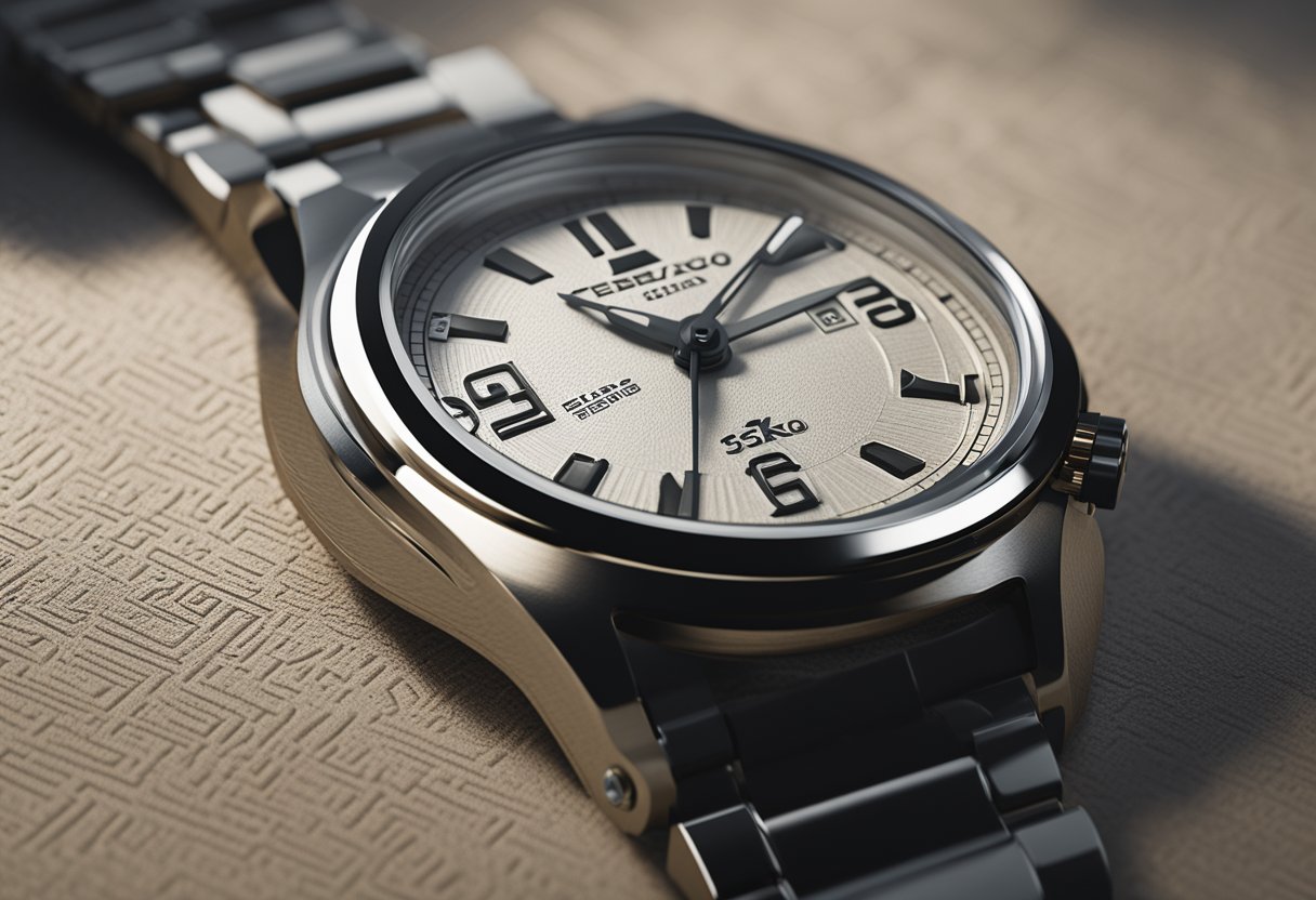 A Seiko 5 watch with Arabic numerals, set against a textured background with subtle lighting
