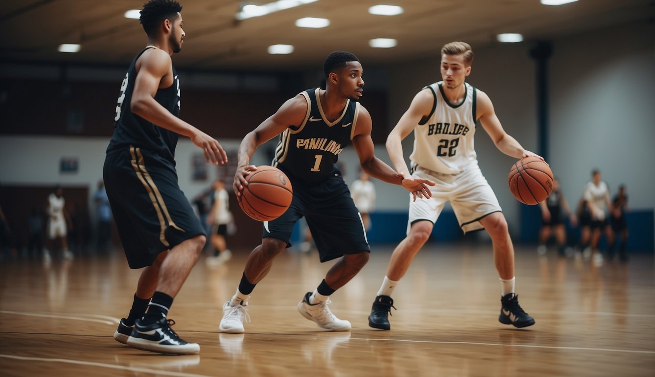 Players practicing dribbling, passing, and shooting on a basketball court, interacting and bonding with each other