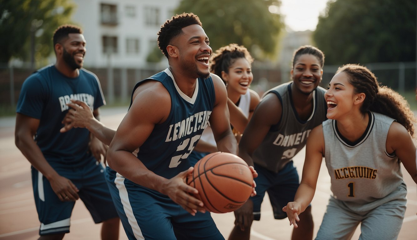 A group of diverse individuals playing basketball, laughing and chatting, forming connections and building friendships through the shared love of the game