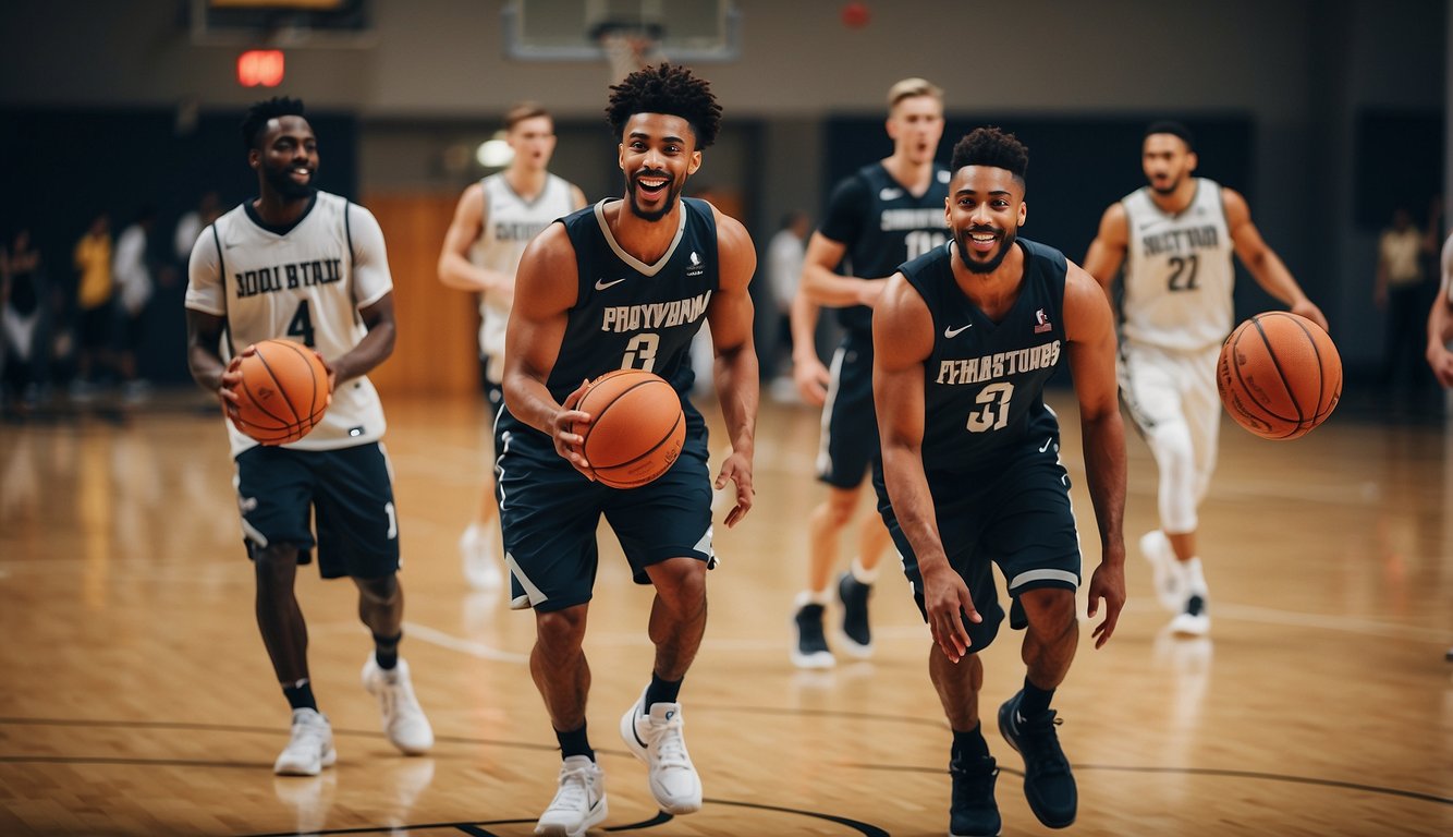 A group of basketballs bouncing on a court, surrounded by diverse individuals smiling and interacting with each other