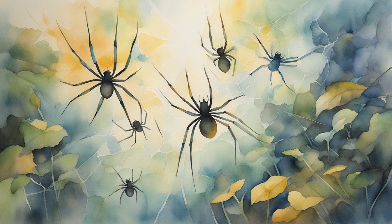 Spiders soar through the air, interacting with humans below