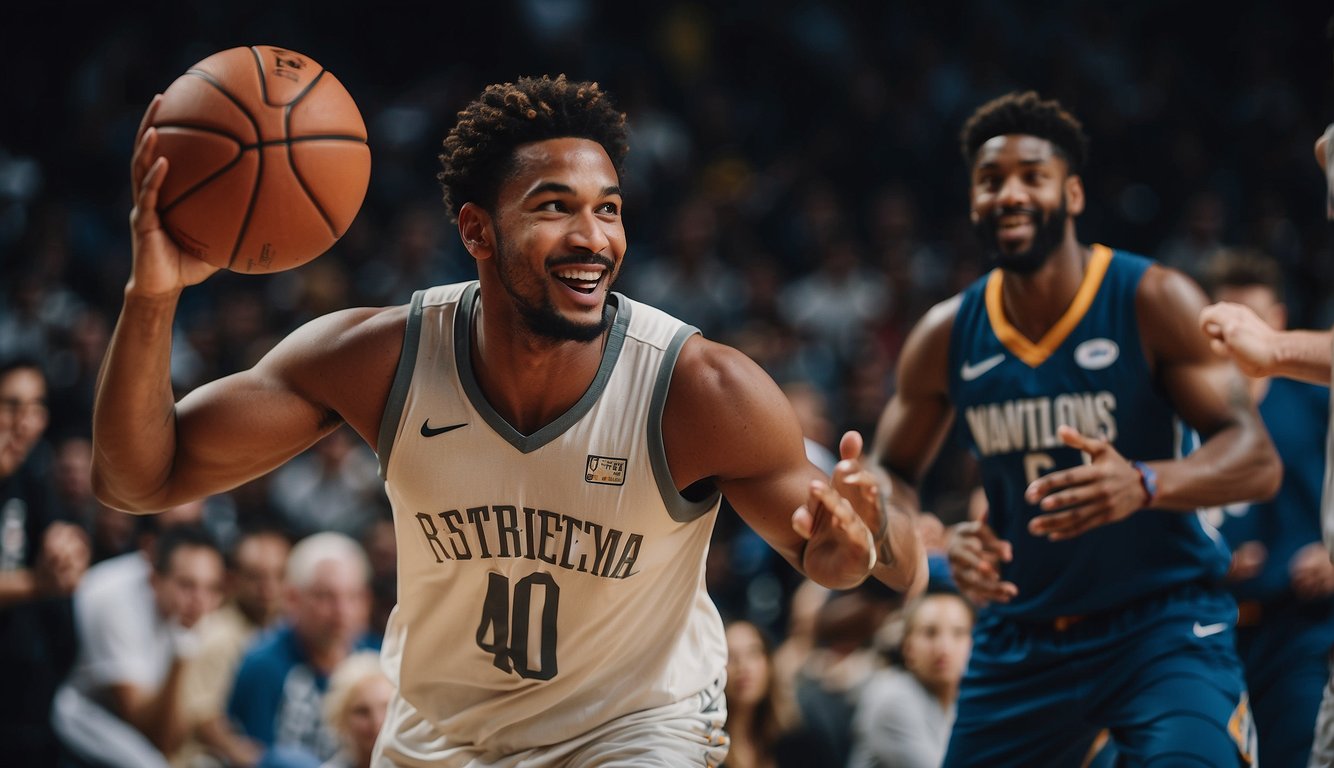 Players passing, dribbling, and shooting on the court, laughing and high-fiving after a successful play