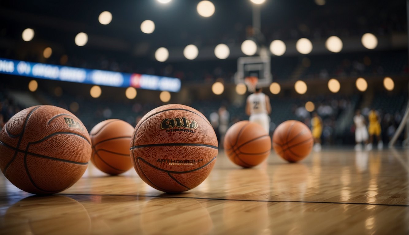 A group of basketballs bouncing on a court as players pass and shoot, laughing and high-fiving