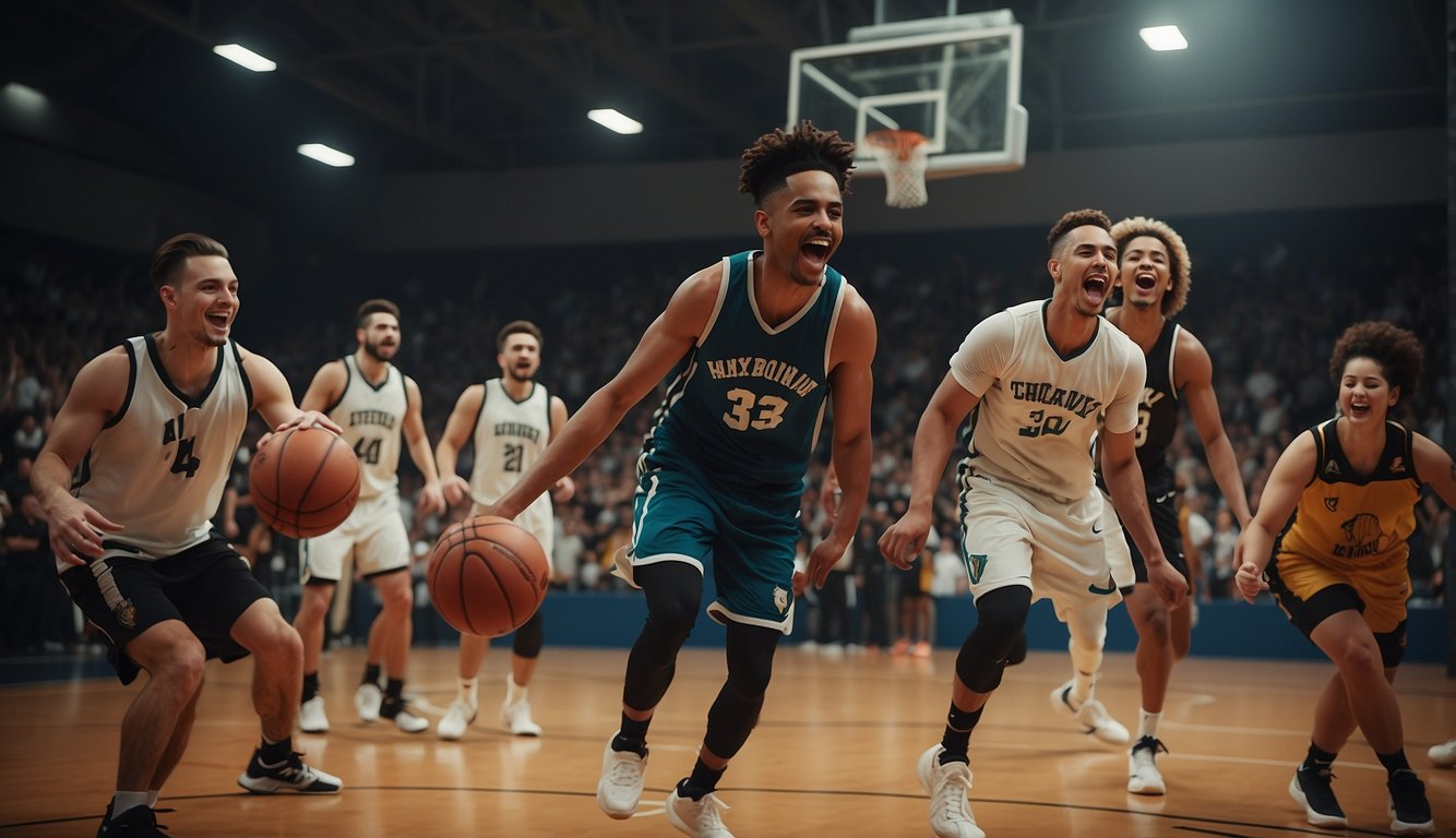 A group of people gather around a basketball court, laughing and cheering as they play a game. The sound of the ball bouncing and sneakers squeaking fills the air, creating a sense of camaraderie and friendship