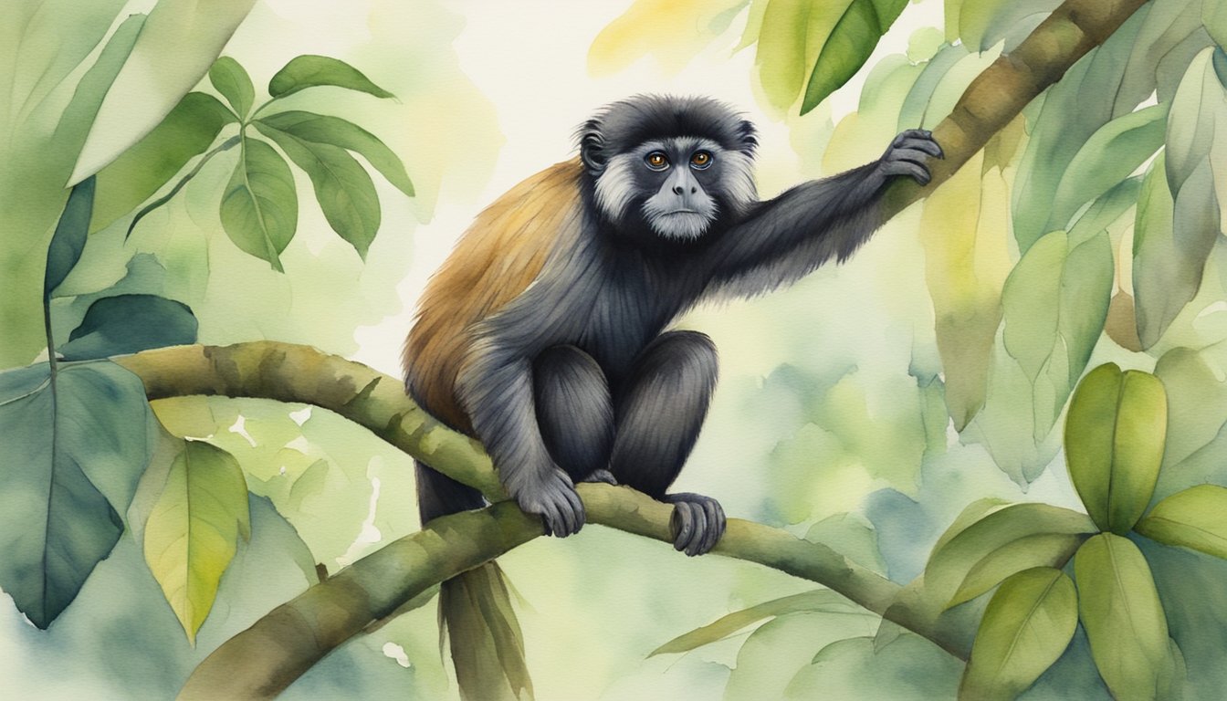 A tamarin monkey swings through the lush rainforest, foraging for fruits and insects while keeping a watchful eye on its surroundings