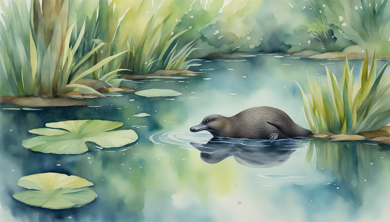 A platypus swimming in a serene river, surrounded by lush vegetation and other native Australian wildlife