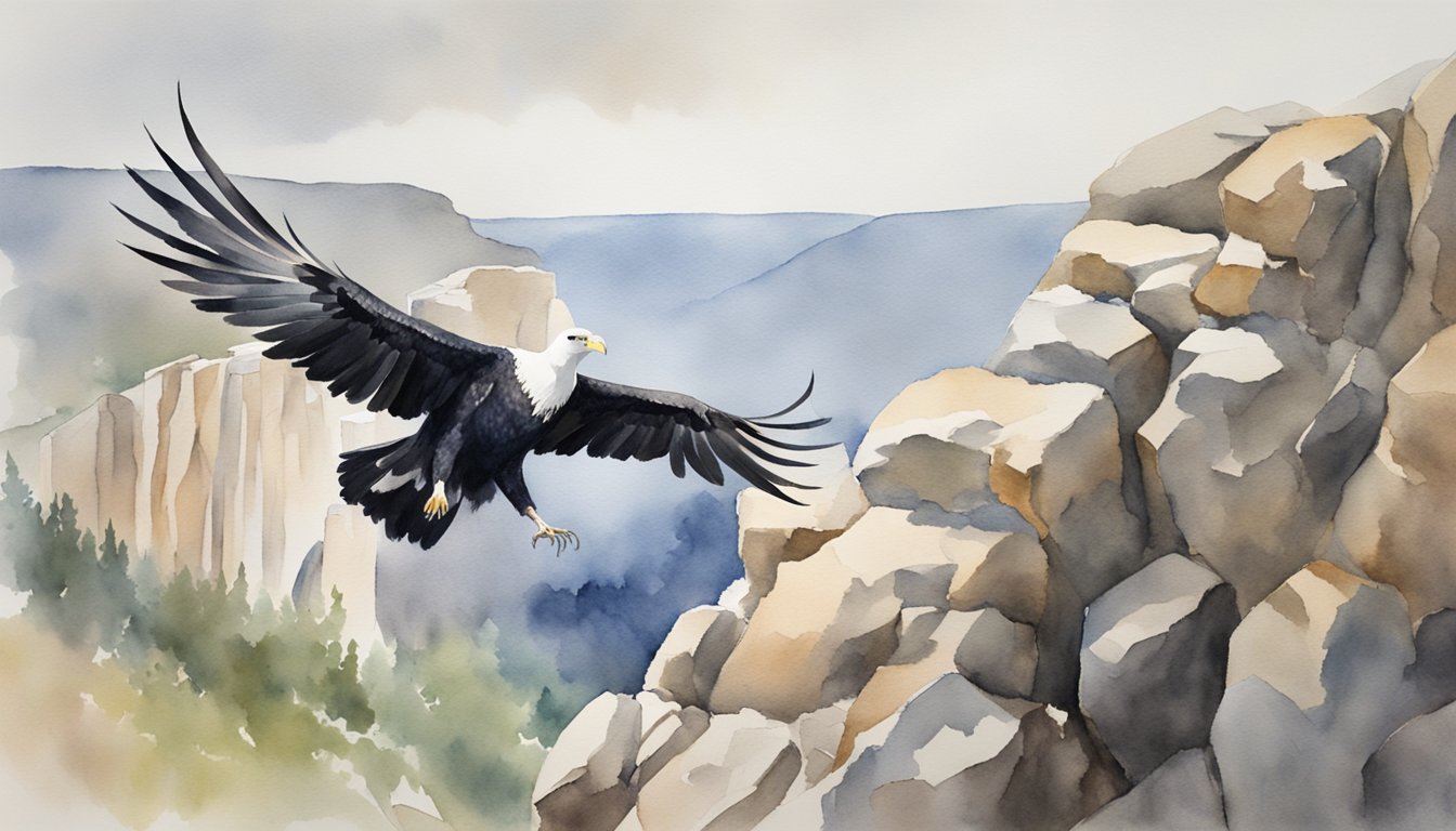 A condor perches on a rocky cliff, its wings spread wide as it scans the horizon.</p><p>The bird's distinctive white markings stand out against its dark feathers