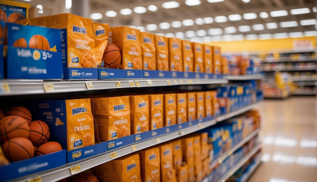 A display of basketball packs on a Walmart shelf, with vibrant packaging and prominent branding