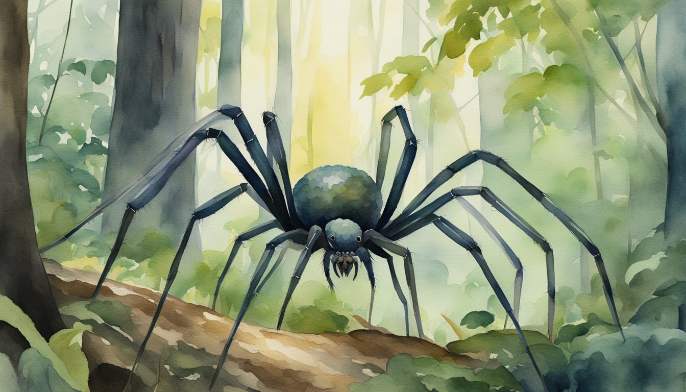 A massive spider crawls among towering trees and dense foliage, its long legs skittering over the forest floor