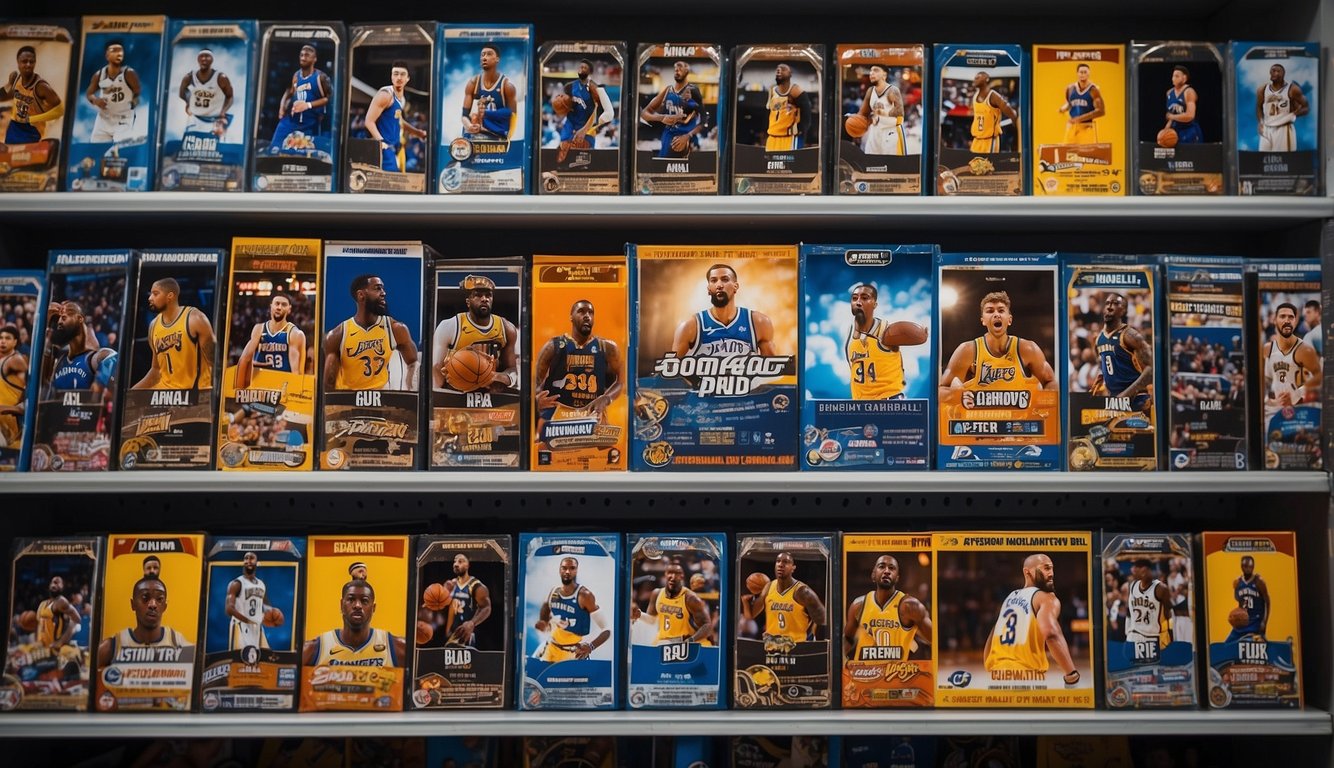 A display of basketball trading card packs on a Walmart shelf, featuring prominent player images and bold team logos