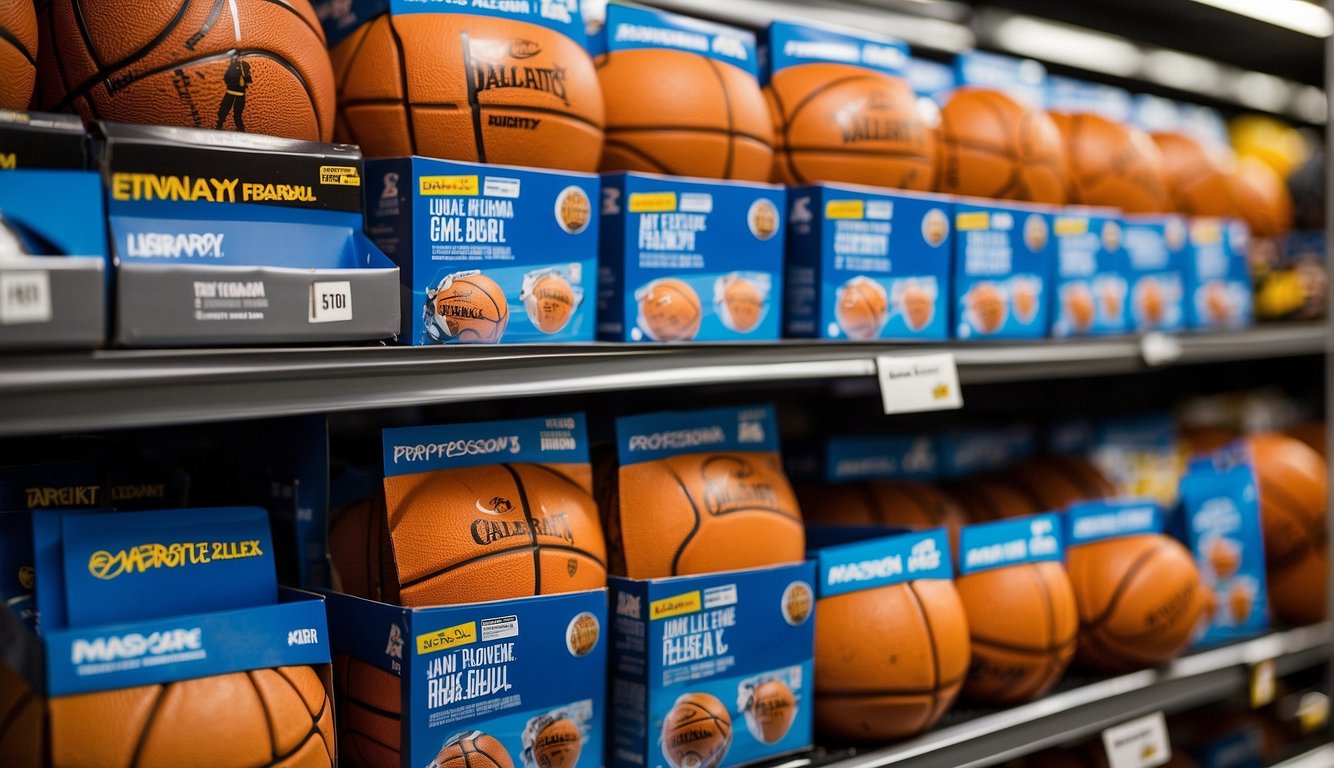 A display of basketball packs at Walmart, featuring Player Spotlight branding, arranged neatly on shelves with vibrant colors and bold graphics