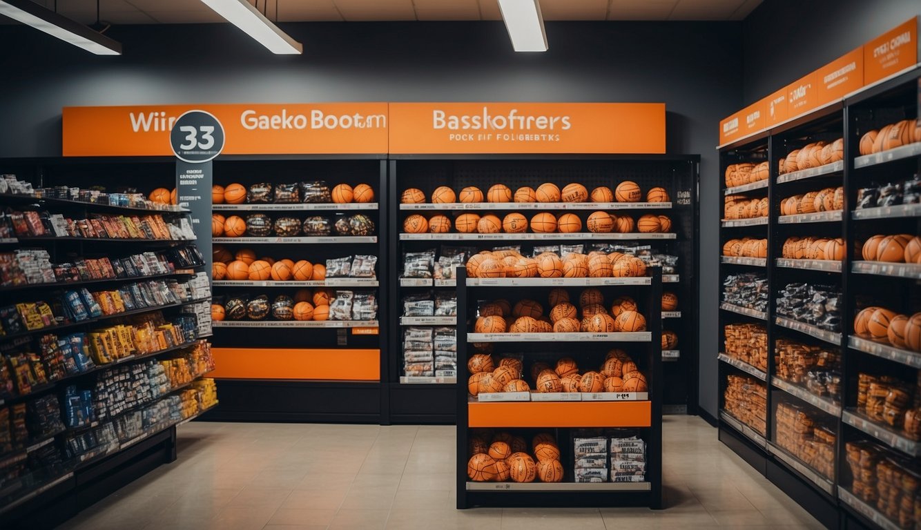 Basketball packs displayed on shelves with price tags. Customers browsing and comparing products. Bright and organized store layout