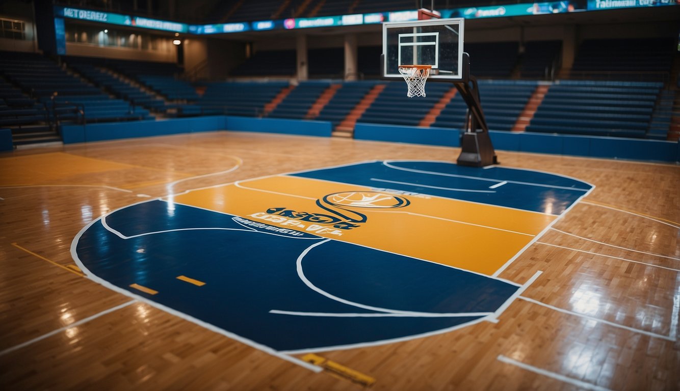 A basketball court with a prominent display of the top Malaysian basketball brand logo