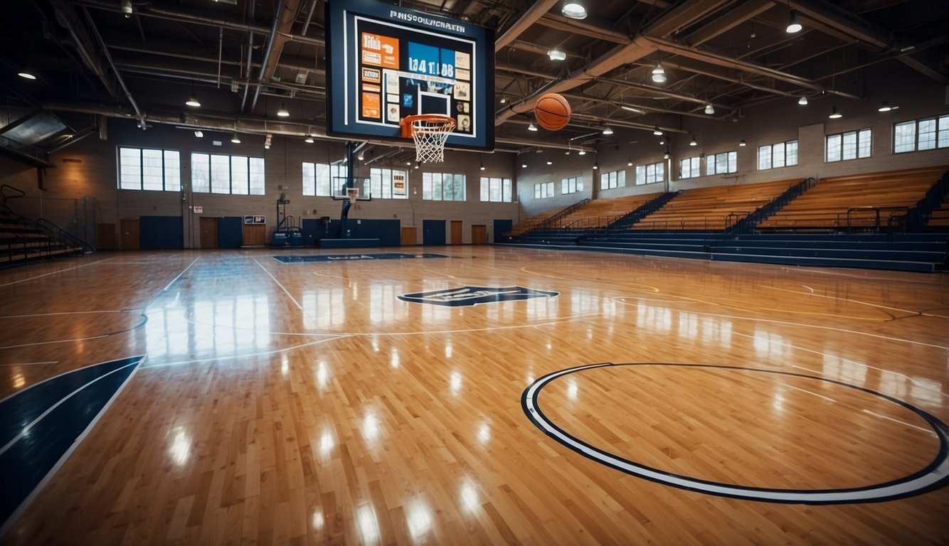 A basketball court with prominent logos of popular brands like Nike, Adidas, and Spalding displayed on the hoops, backboards, and basketballs