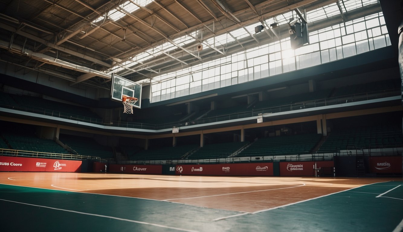 A basketball court with branded hoops, balls, and jerseys in Malaysia