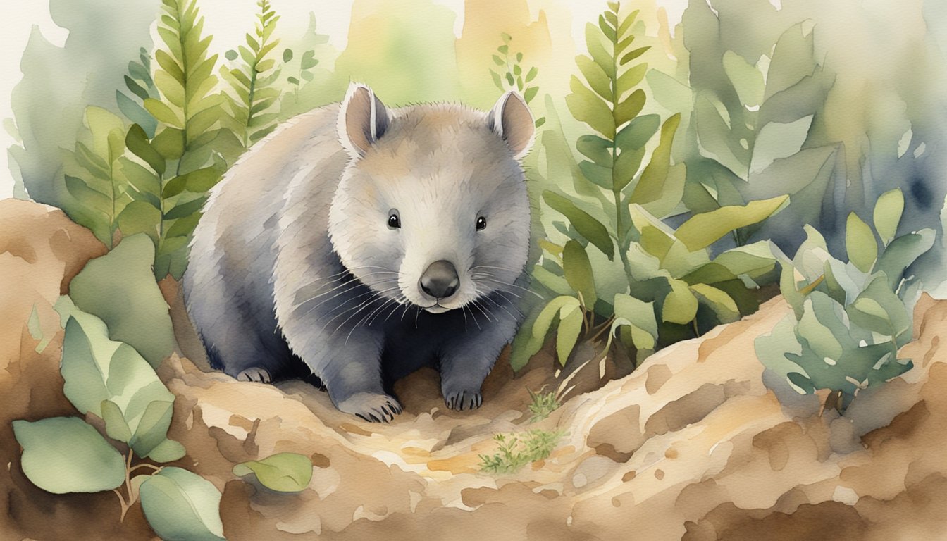 A wombat digs a burrow in the earth, surrounded by eucalyptus trees and ferns