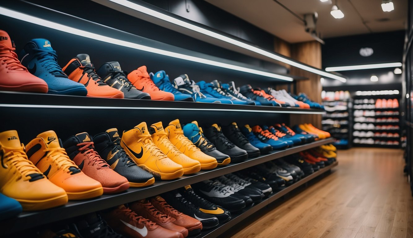 A well-stocked sports store with shelves filled with basketballs, shoes, and apparel from the best brand in Malaysia. Bright lighting and clear signage highlight the products