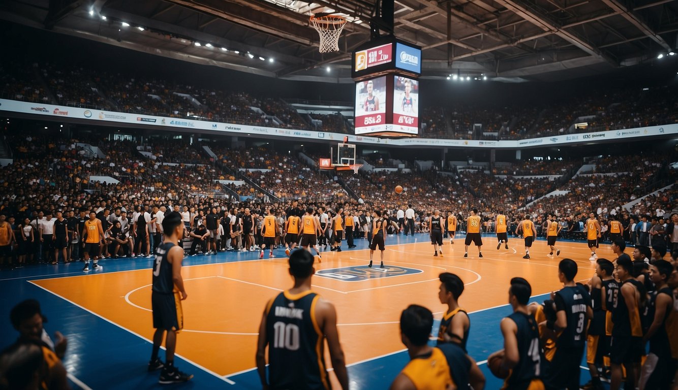 A crowded basketball court in Malaysia with people wearing jerseys of different brands. One brand's logo prominently displayed on a hoop