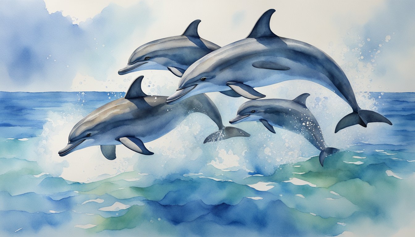 A pod of bottlenose dolphins leaping and playing in clear blue waters