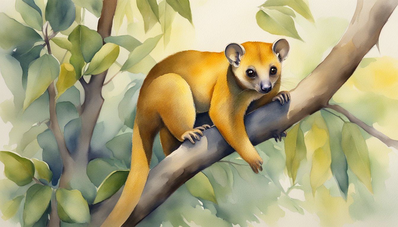 A kinkajou perches on a tree branch, its golden fur glowing in the dappled sunlight.</p><p>Its long tail curls around the branch as it reaches out to pluck a ripe fruit from the tree