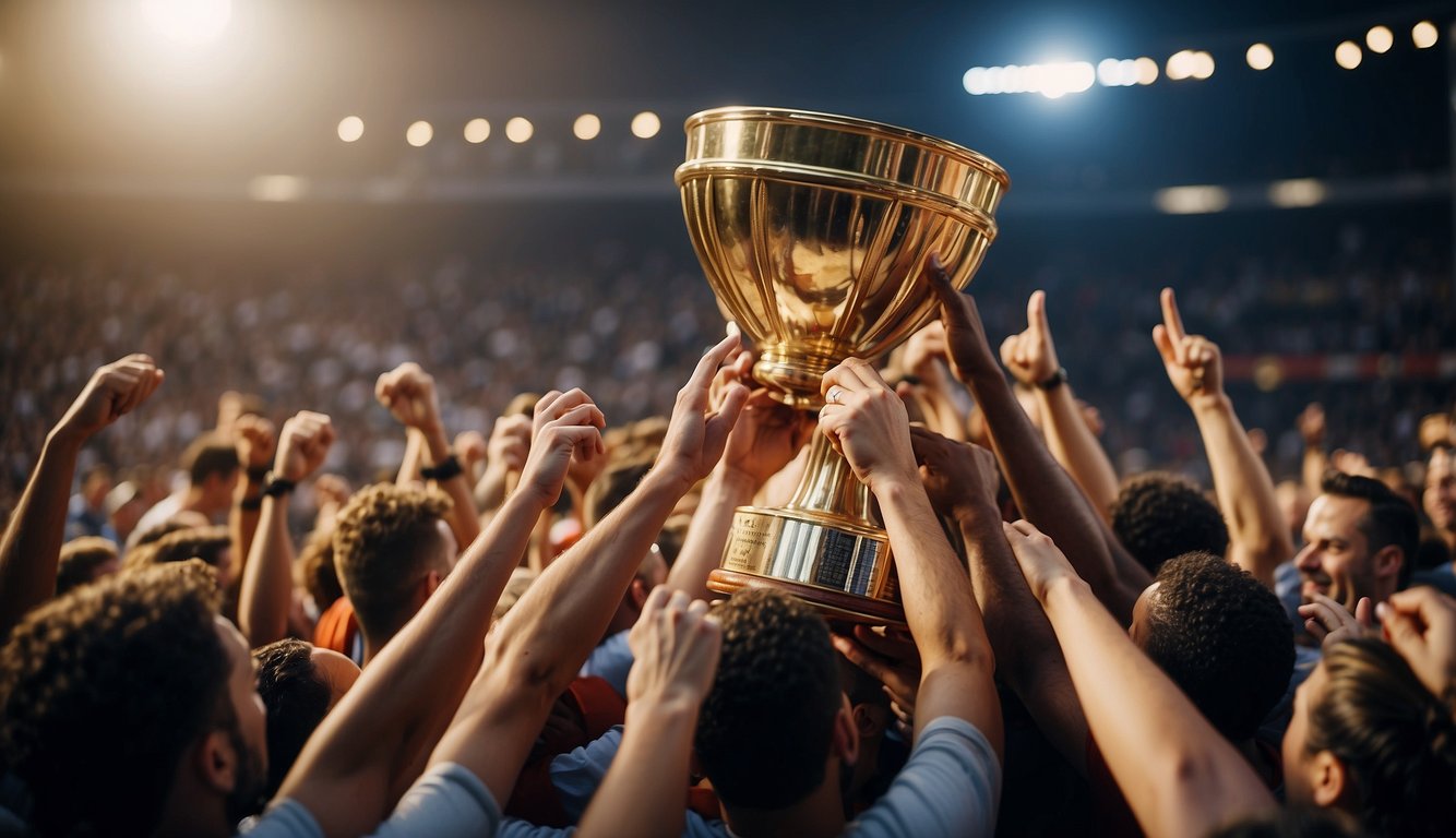 Underdog team celebrates victory on basketball court. Crowd cheers. Trophy held high