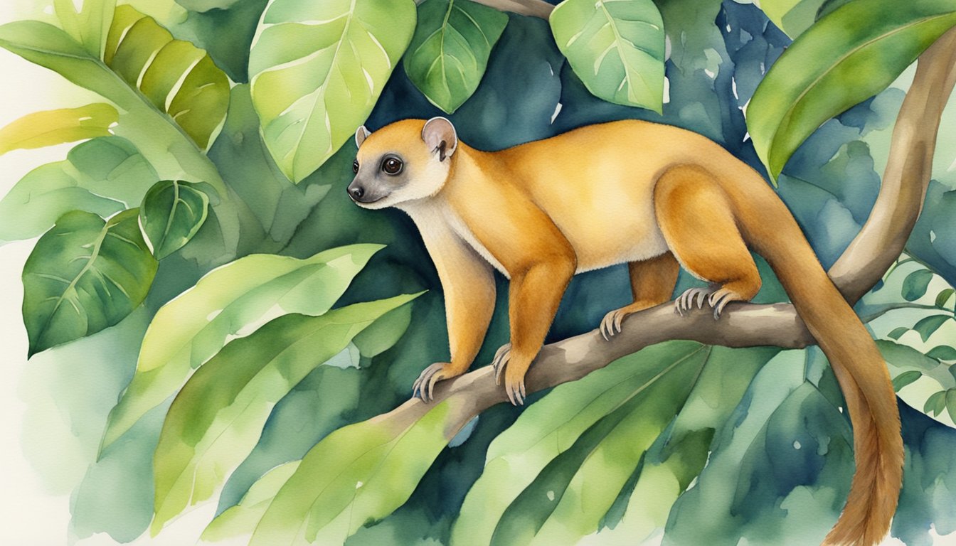 A kinkajou perched in a lush tropical tree, surrounded by dense foliage.</p><p>It is reaching out to another kinkajou with its long prehensile tail, displaying their social behavior