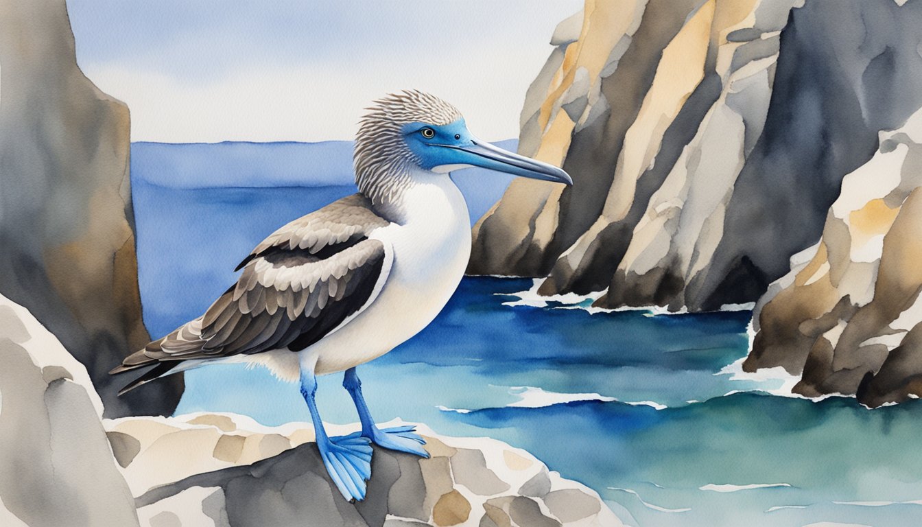 A blue-footed boobie bird perches on a rocky cliff, its bright blue feet contrasting against the grey stone.</p><p>The bird's distinctive blue beak and piercing eyes stand out as it surveys the ocean below