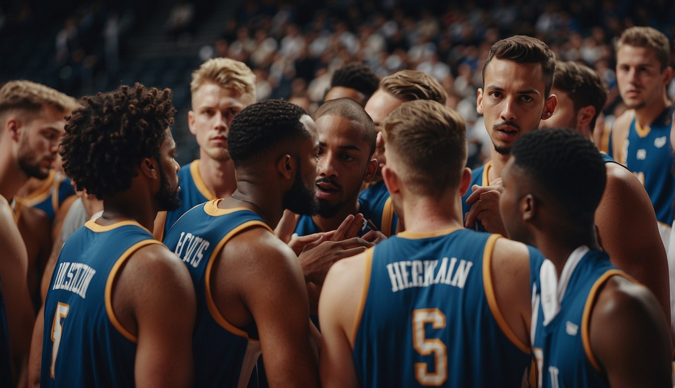 A basketball team huddles, discussing strategy with their coach, determined to overcome the odds and achieve victory