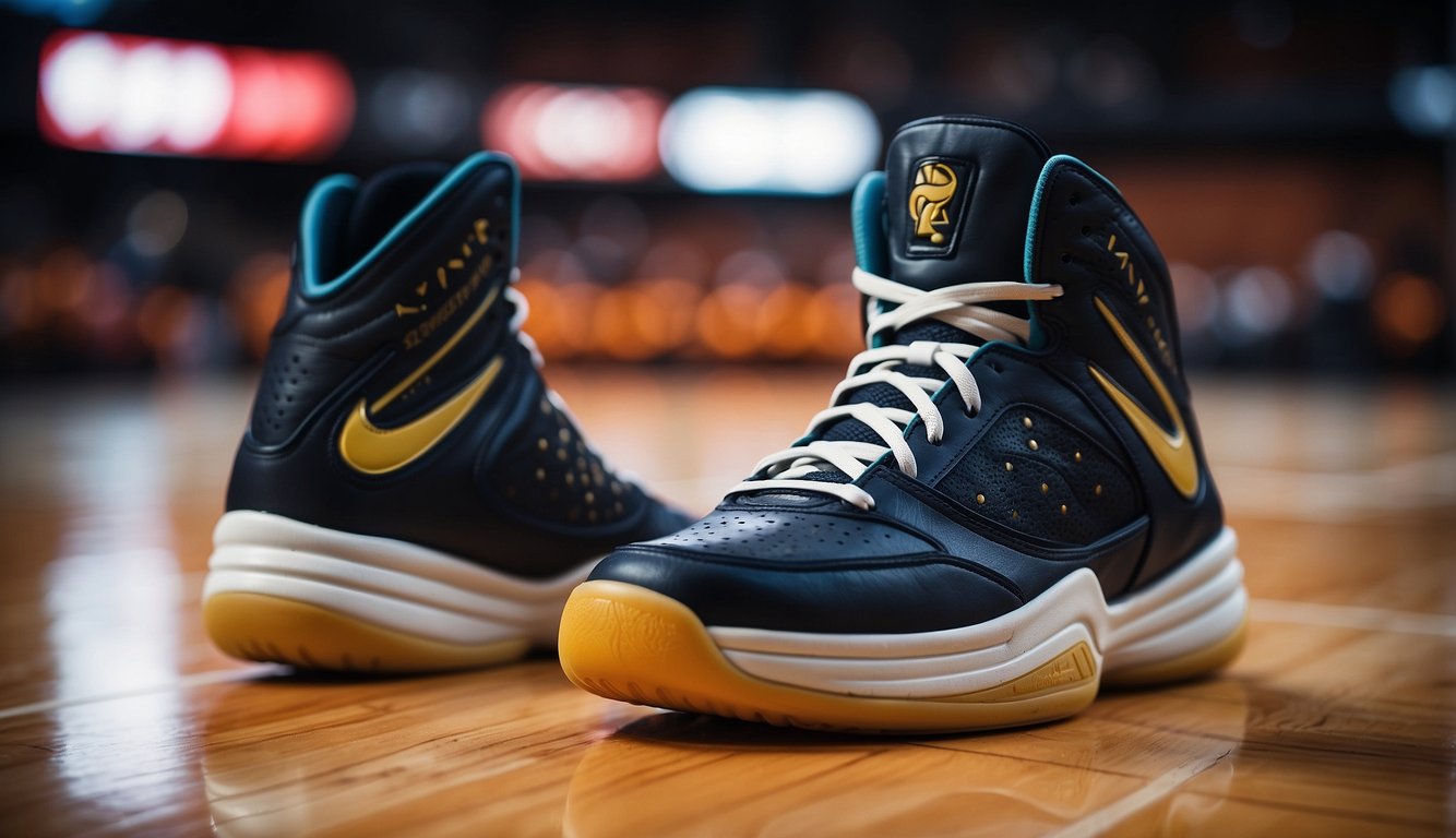 A pair of basketball shoes with a textured sole gripping onto the court surface, showing traction and stability