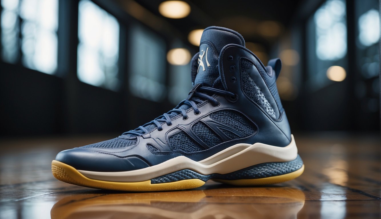 High-top basketball shoes with specialized grip pattern on the sole, reinforced ankle support, and breathable mesh panels for ventilation