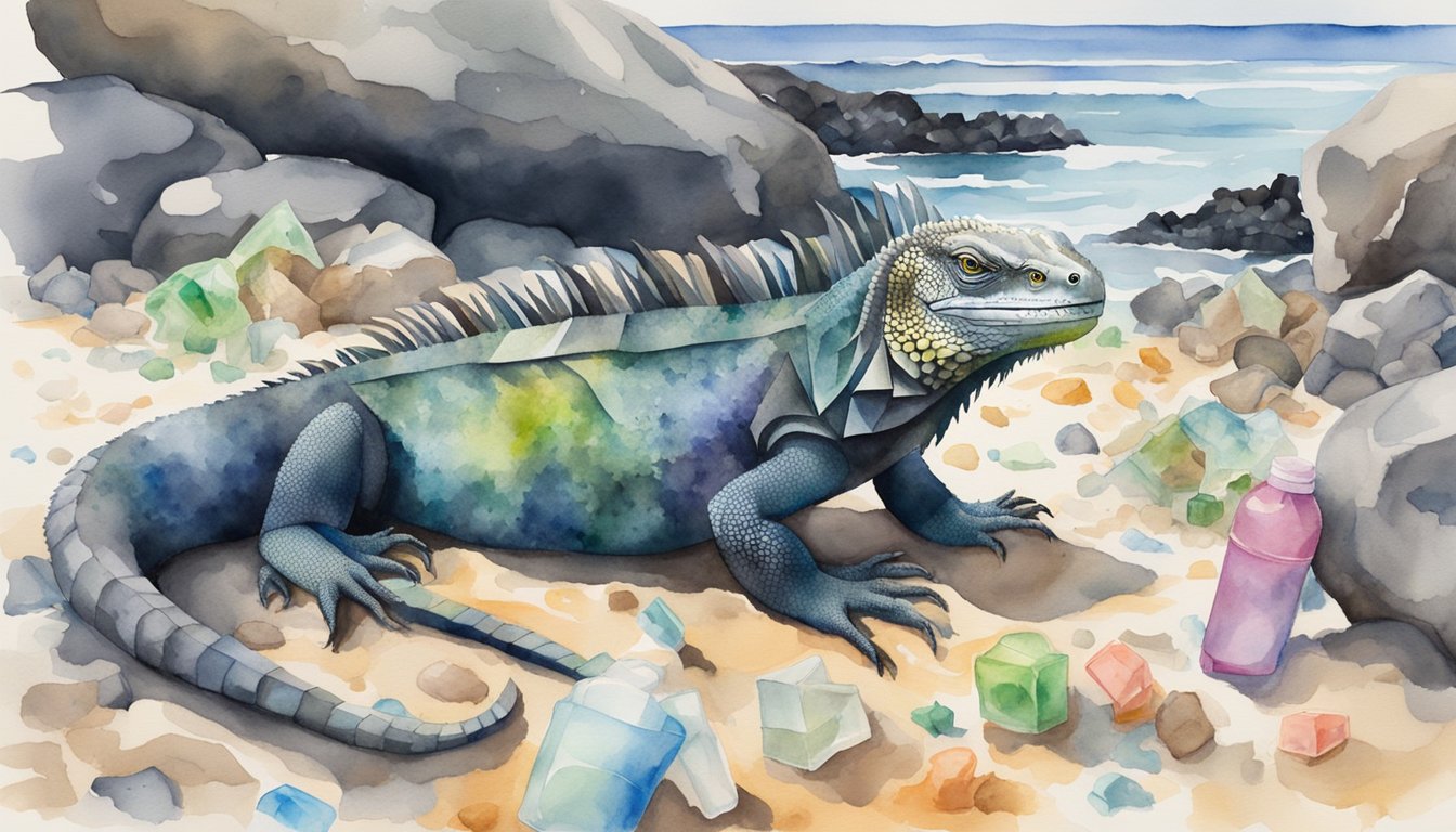 Marine iguana basking on rocky shore, surrounded by plastic debris.</p><p>Conservationists cleaning up beach in background