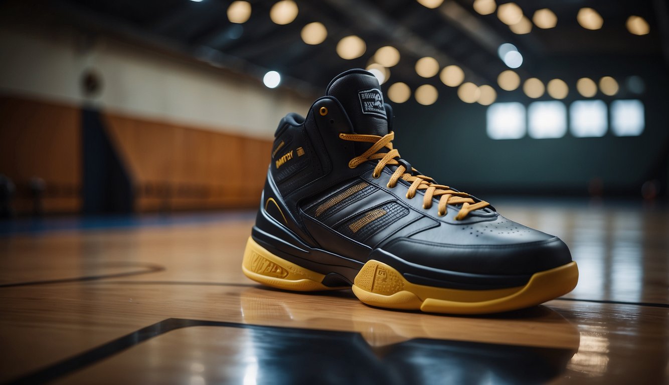 A basketball shoe with a detailed grip pattern on the sole, surrounded by performance metrics data and a basketball court in the background