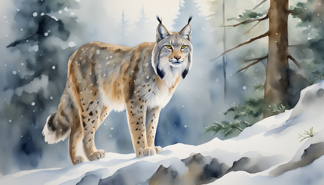 A lynx stands tall in a snow-covered forest, gazing into the distance with piercing eyes