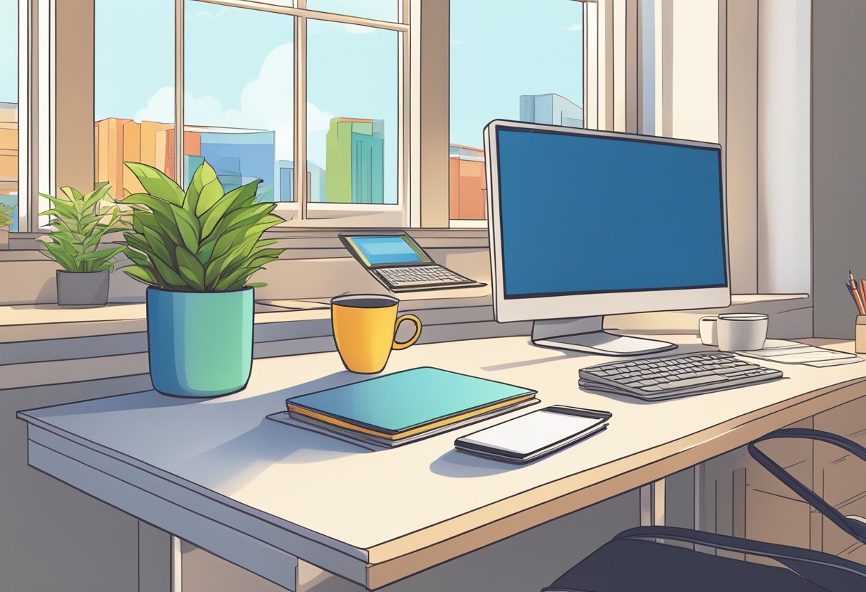 A computer desk with a laptop displaying Google Workspace. A notepad, pen, and coffee mug are next to the laptop. A bright window in the background