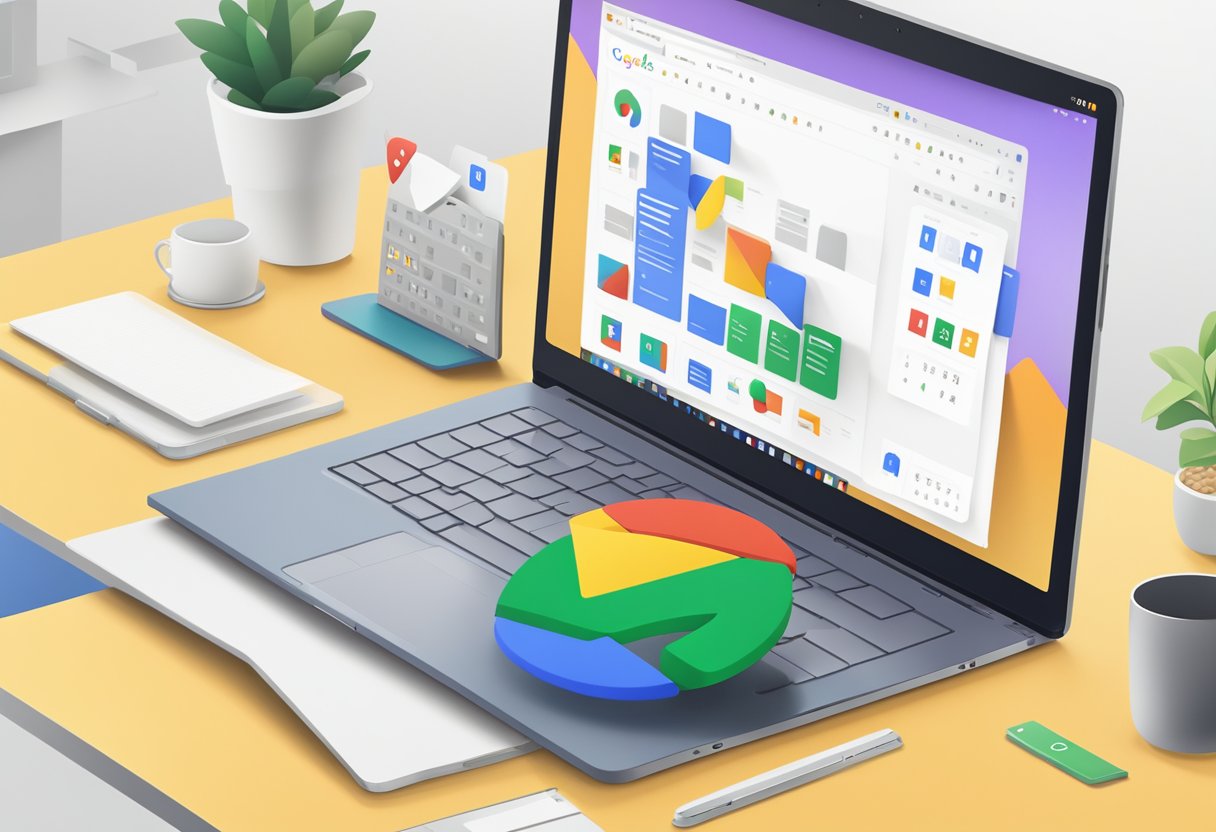 A laptop displaying Google Workspace with a colorful logo, open tabs for Gmail, Drive, and Calendar, and a user-friendly interface