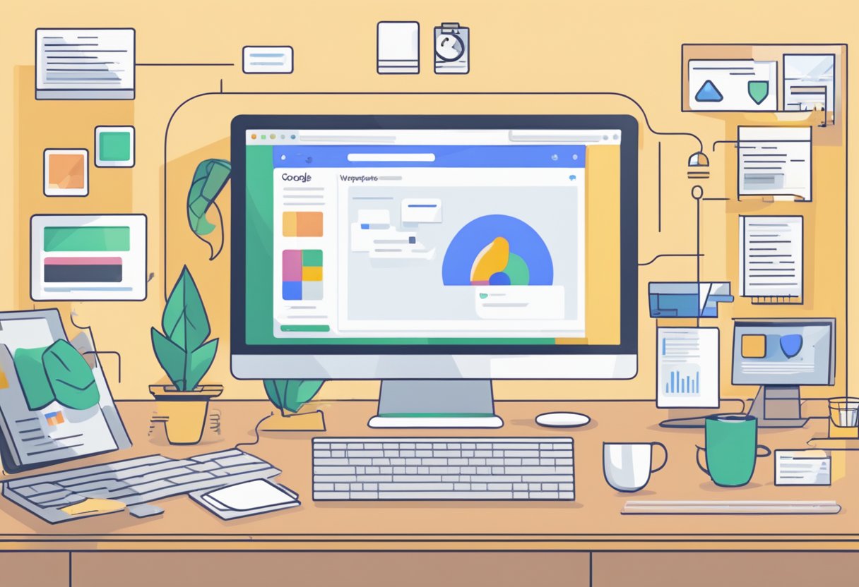A computer screen displays the Google Workspace interface with various apps and tools. A hand moves a cursor to click on different icons, while text boxes explain features for beginners