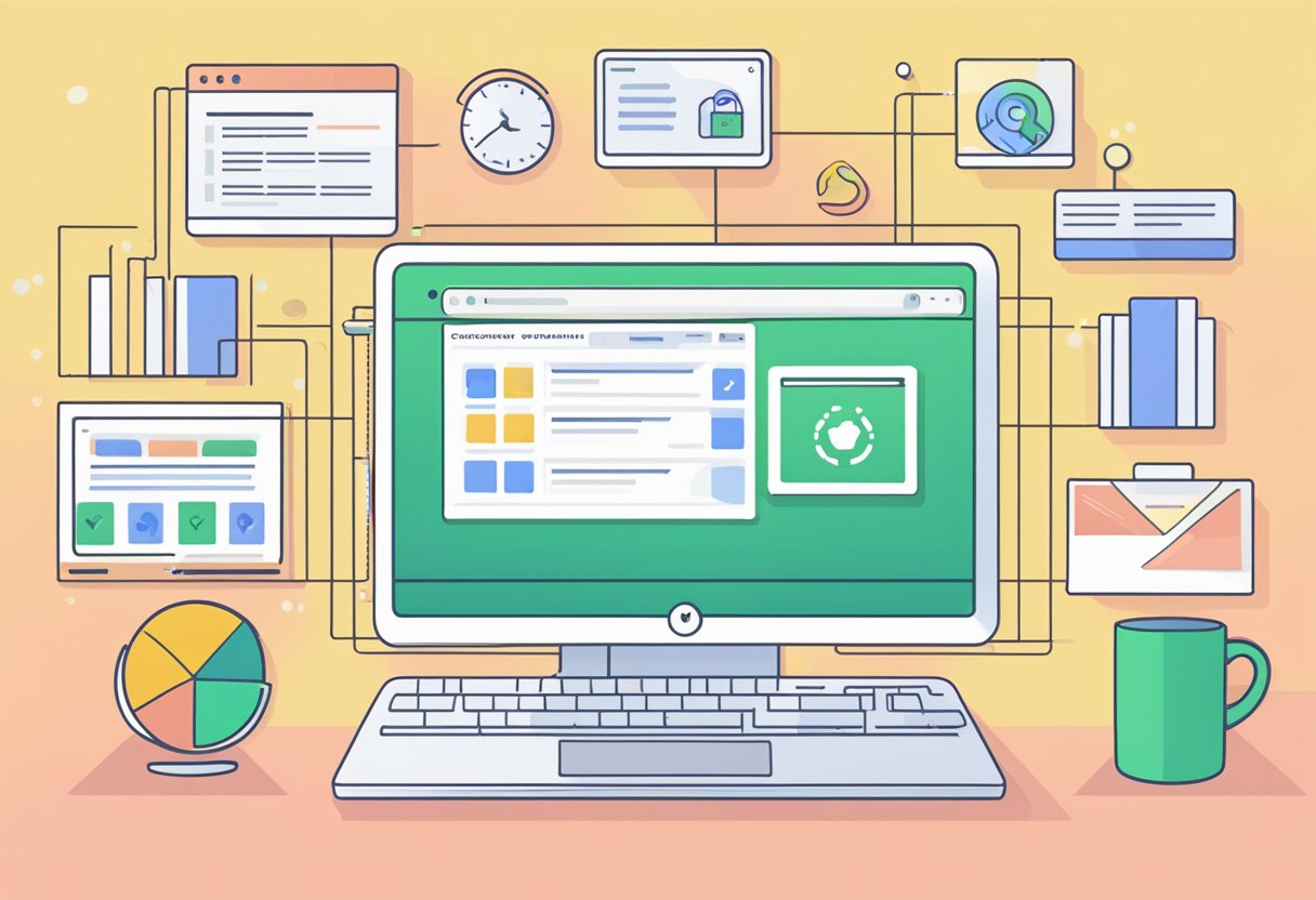 A computer screen displays Google Workspace interface with data security and management features highlighted