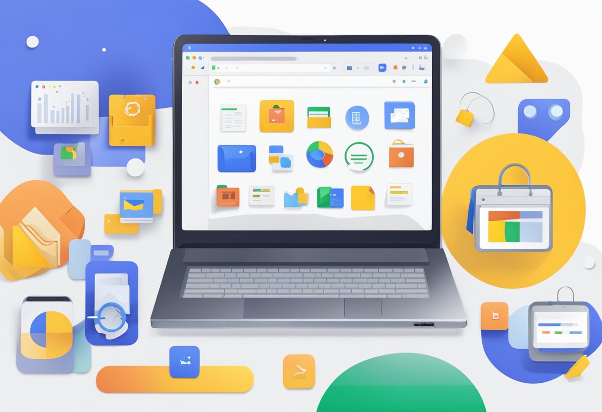 A laptop with Google Workspace apps open, surrounded by icons representing customization and integration features