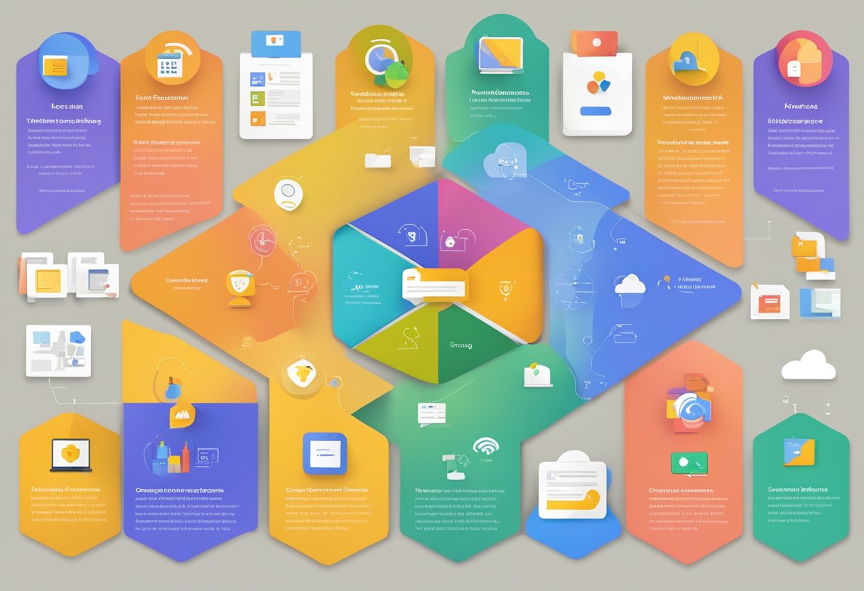 A colorful infographic showing Google Workspace features with labeled icons and text explanations