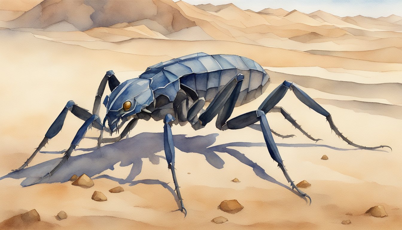 A vinegaroon scuttles across the desert floor, its segmented body and long pincers creating a striking silhouette against the sandy backdrop