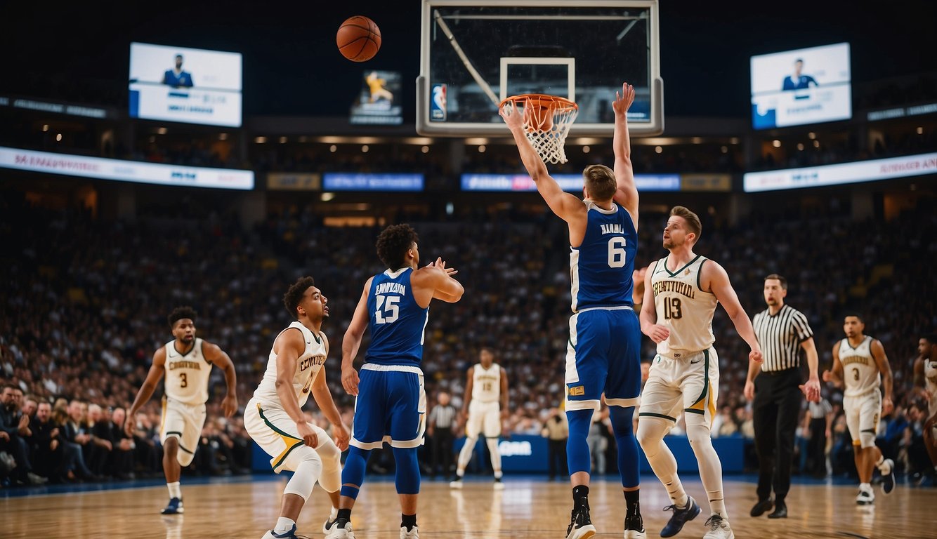 Players struggle with turnovers, missed shots, and fouls. Crowd looks disappointed. Coaches yell from the sidelines. Scoreboard shows a significant point difference