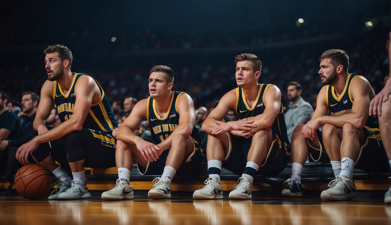 Players show frustration, disappointment, and exhaustion after losing a basketball game. Their body language conveys defeat and mental strain