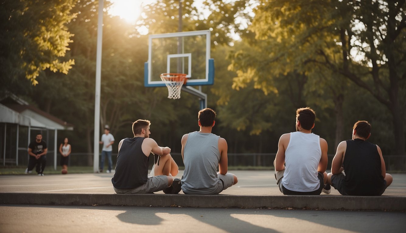 Friends sitting alone while others play basketball, feeling left out and disconnected