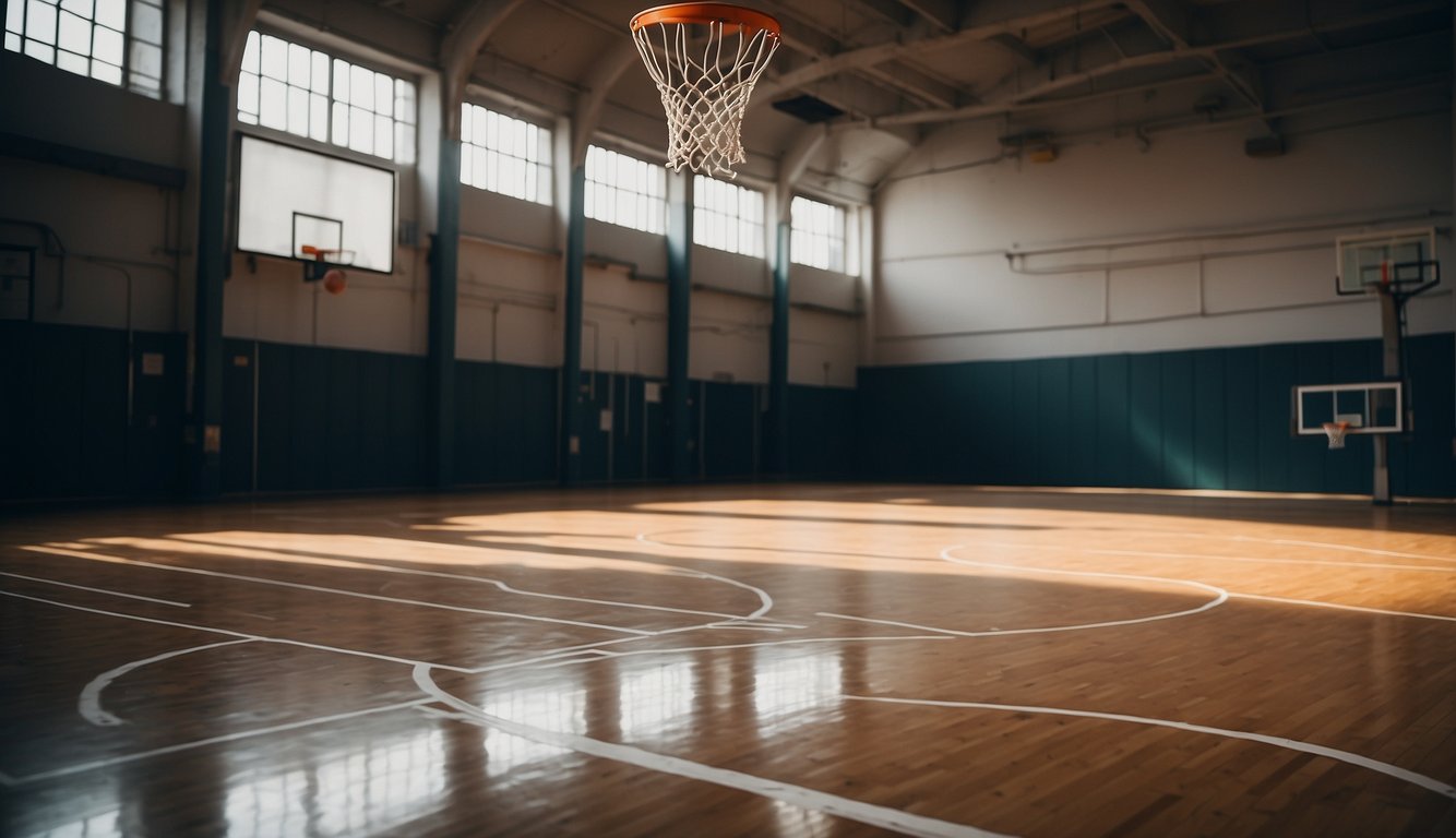 A basketball court with broken hoops and limited space. Players struggling with old equipment and cramped facility