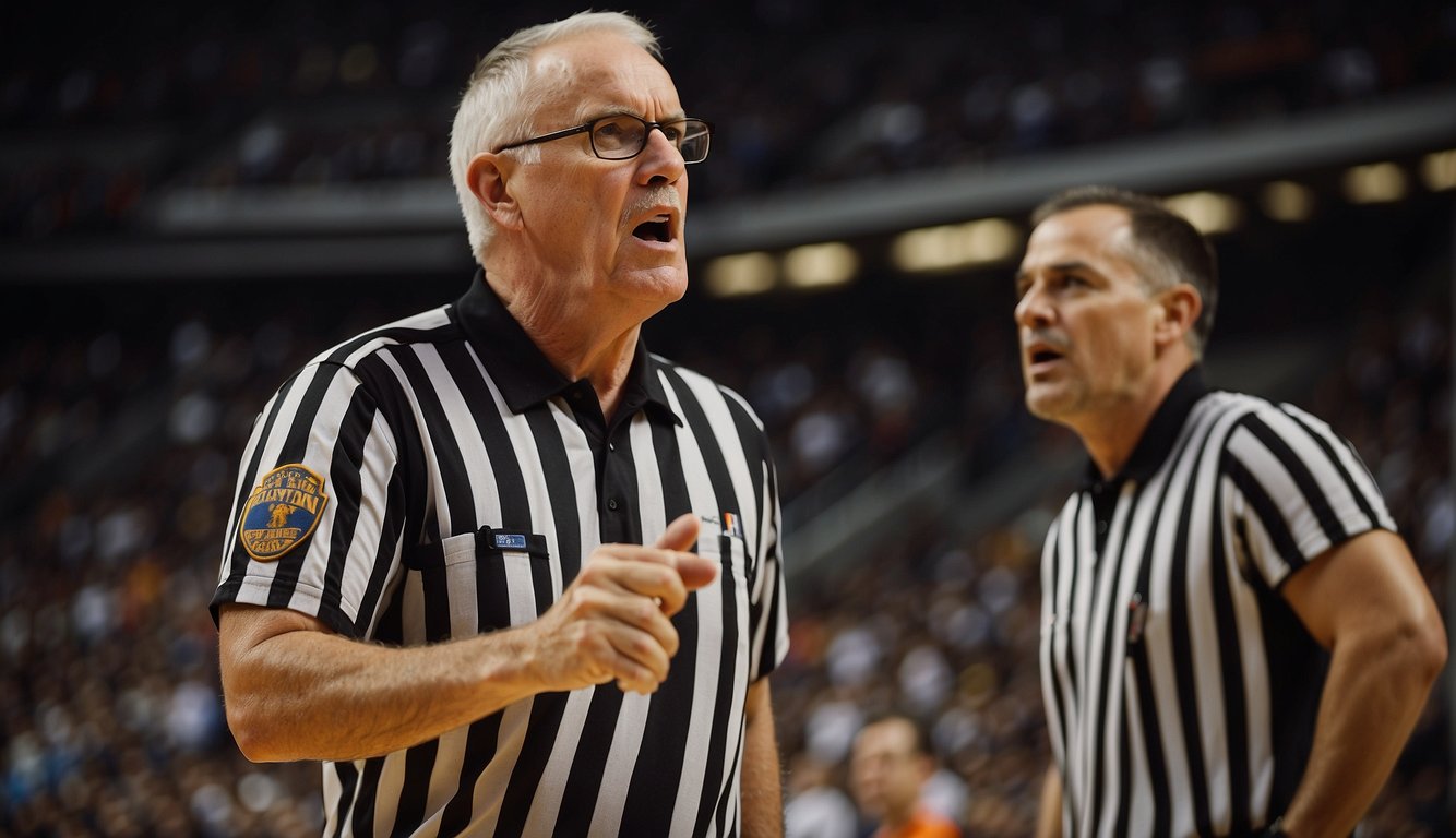 Referees blow whistle, signal fouls, and make hand gestures to communicate with players and coaches during basketball games