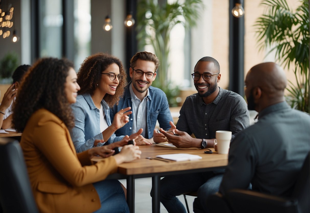 A diverse group of people engaging in various forms of communication - speaking, writing, gesturing, and listening - in a casual and comfortable setting