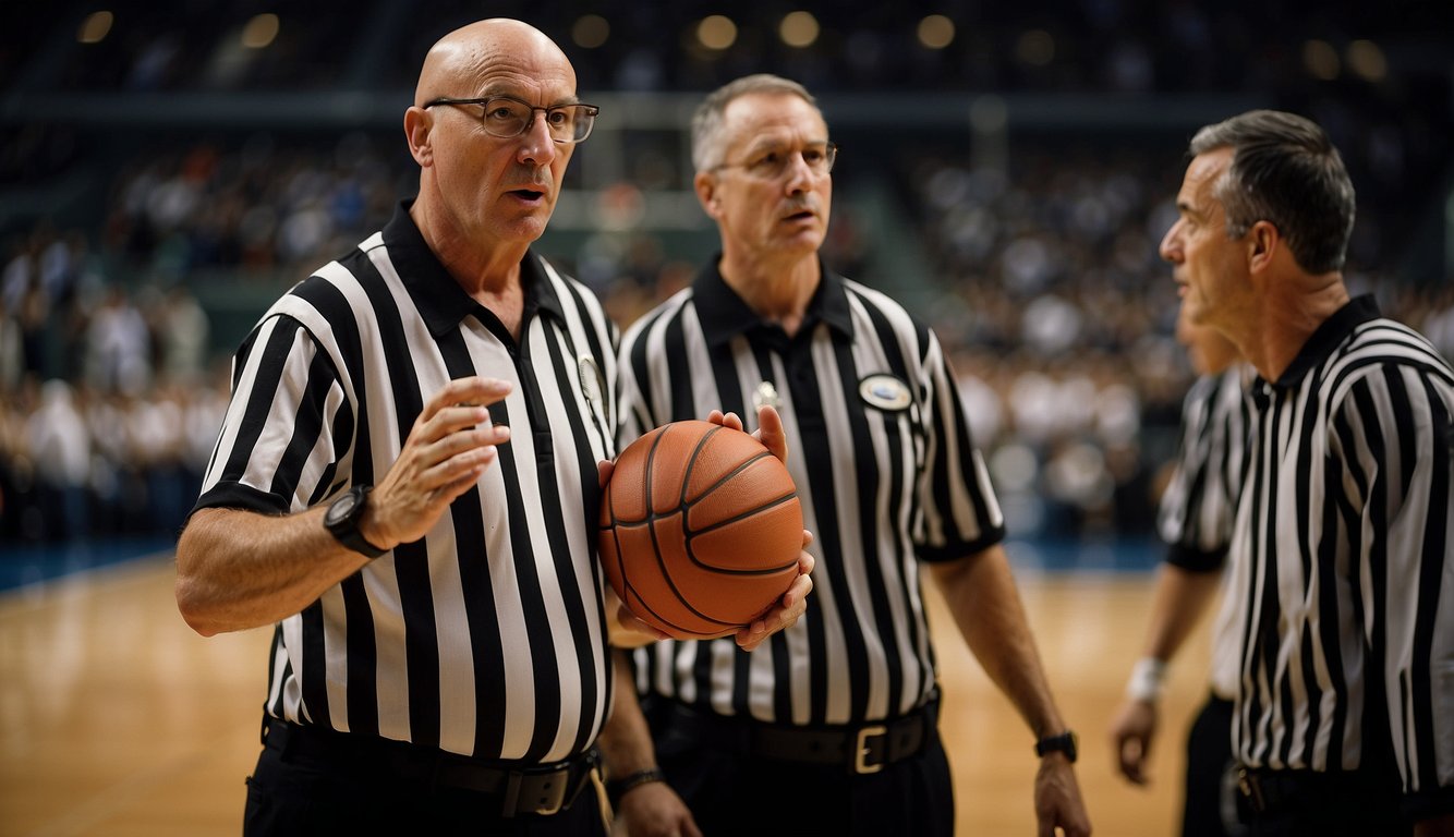 A basketball referee reviewing rulebook and signaling fouls during a game