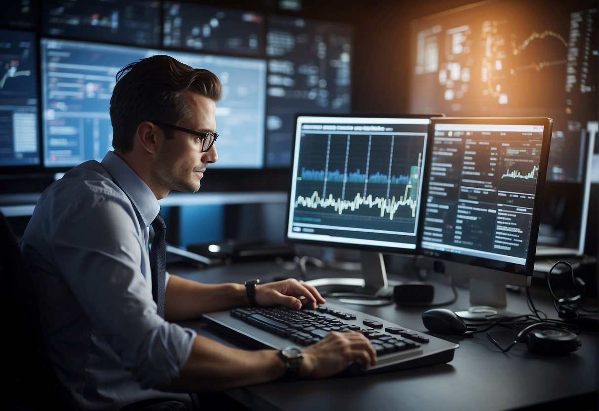 A person analyzing data on a computer, surrounded by graphs and charts, with various digital devices nearby