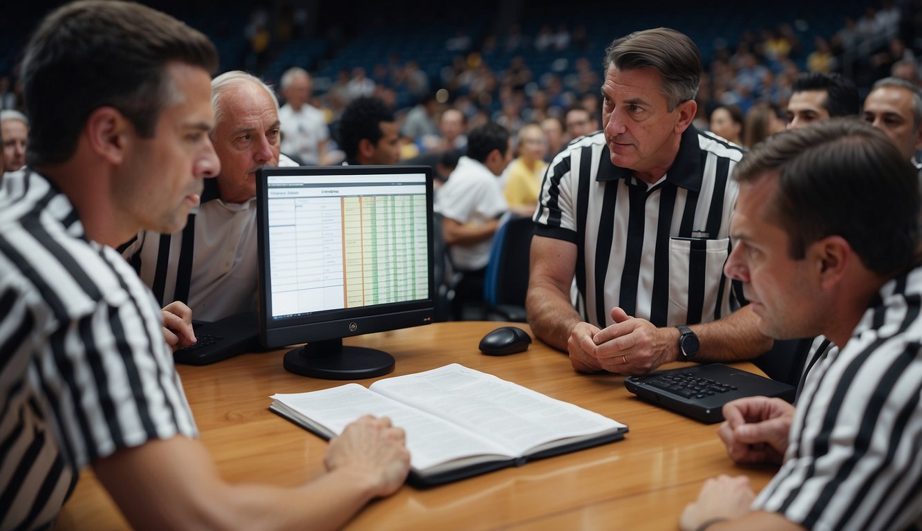 Basketball referees studying rulebooks and watching game footage for professional development