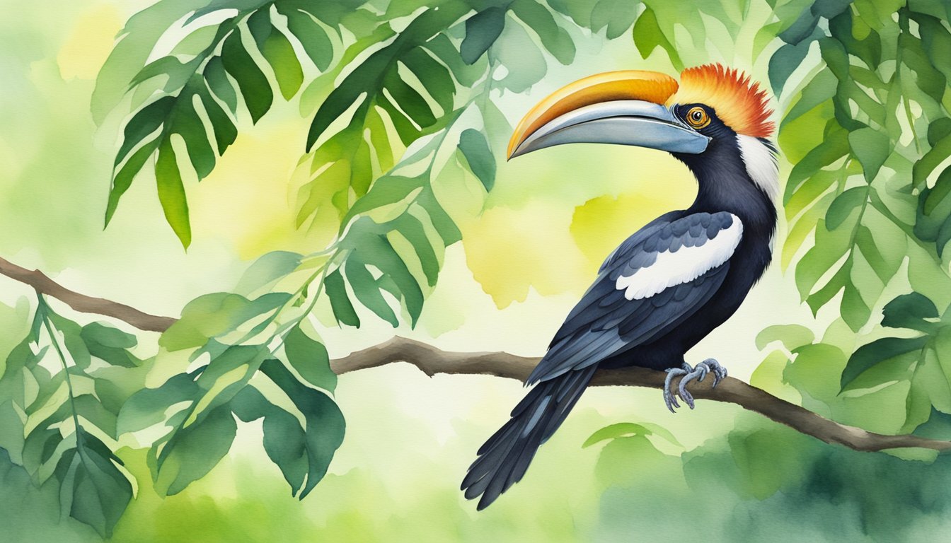 A hornbill perches on a tree branch, its vibrant plumage catching the sunlight.</p><p>The bird's distinctive long, curved bill stands out against the lush green foliage in the background